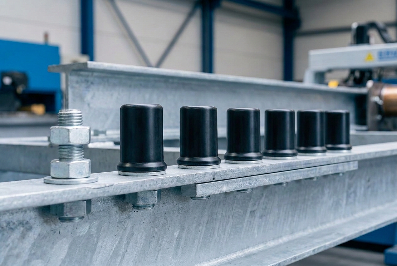 Capuchons de protection noirs en plastique posés sur les écrous hexagonaux d'une structure en acier