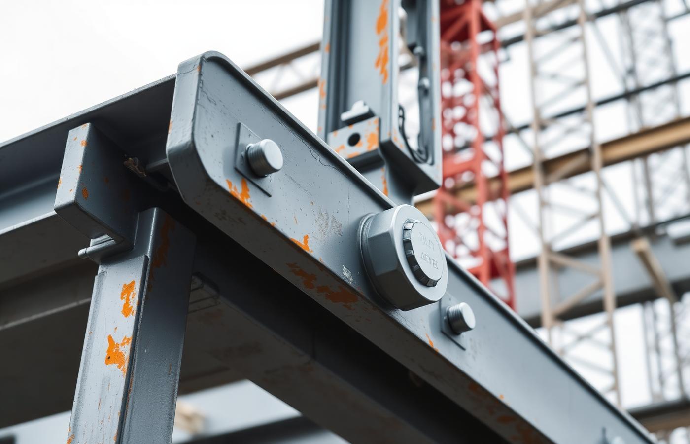 Structure en acier avec assemblage boulonné protégé sur un chantier